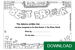 Children's coloring page, Best Brother diploma - with text; and download button