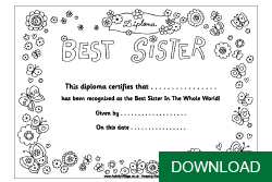 Children's coloring page, Best Sister diploma - with text; and download button