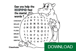 Children's coloring page, word find, hippo picture; and download button