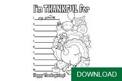 Children's coloring page, I'm thankful for blank list, thanksgiving turkey picture, Happy Thanksgiving! ; and download button